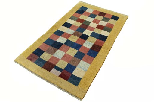Corner detail of New Persian Gabbeh rug showing border pattern and Wool pile