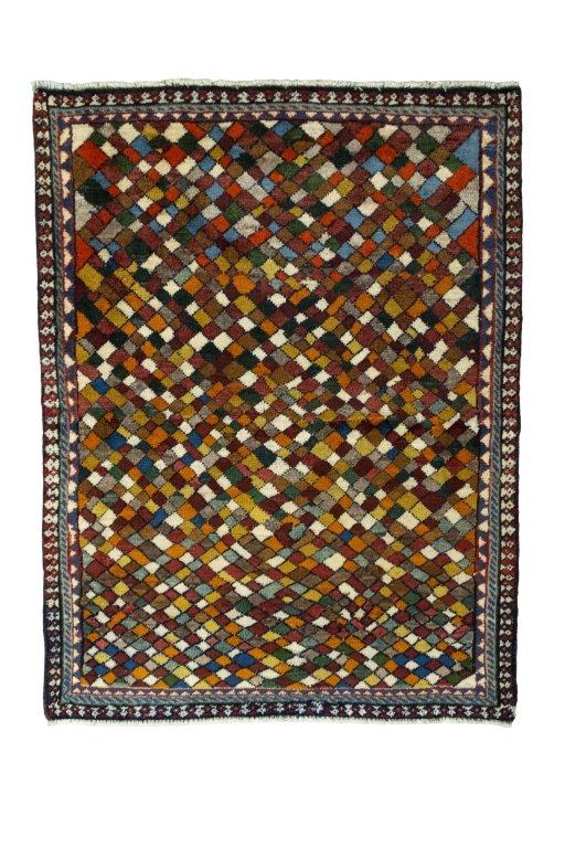 Full view of 2000s Persian Gabbeh rug from Iran / Persia, 128 × 97 cm in Multi Color tones