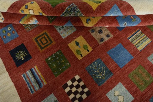Full view of New Persian Gabbeh rug from Iran / Persia, 261 × 207 cm in Red tones