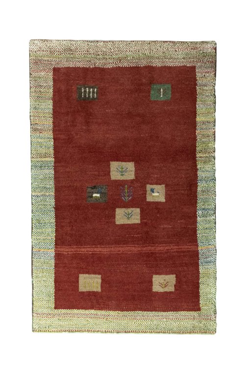 Full view of New Persian Gabbeh rug from Iran / Persia, 127 × 80 cm in Red tones