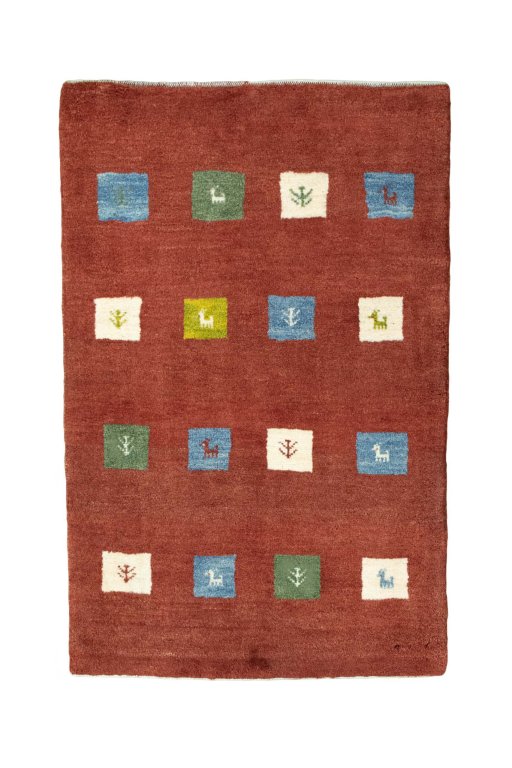 Full view of New Persian Gabbeh rug from Iran / Persia, 128 × 83 cm in Red tones