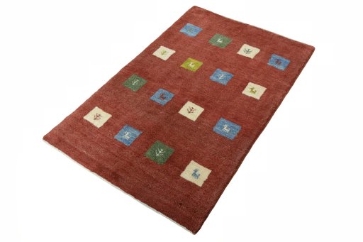 Corner detail of New Persian Gabbeh rug showing border pattern and Wool pile