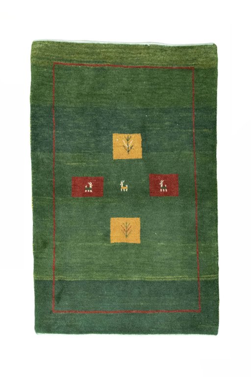 Full view of New Persian Gabbeh rug from Iran / Persia, 126 × 81 cm in Green tones