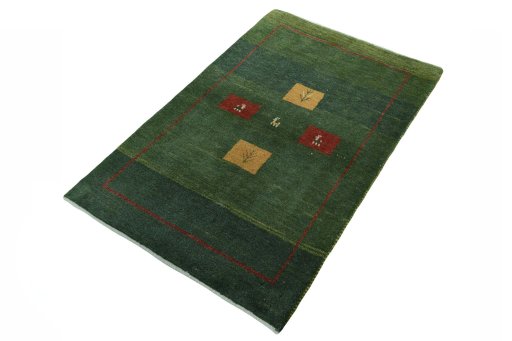 Corner detail of New Persian Gabbeh rug showing border pattern and Wool pile