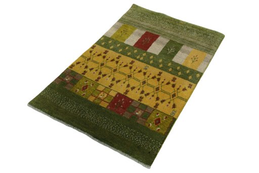 Corner detail of New Persian Gabbeh rug showing border pattern and Wool pile
