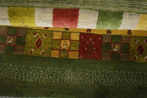 Full view of New Persian Gabbeh rug from Iran / Persia, 124 × 82 cm in Green tones