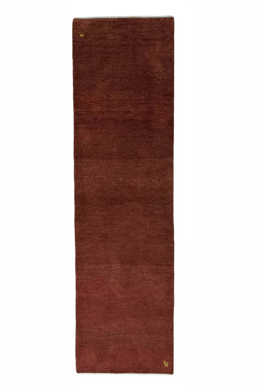 Full view of New Persian Gabbeh rug from Iran / Persia, 295 × 83 cm in Red tones