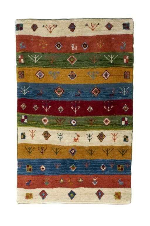 Full view of New Persian Gabbeh rug from Iran / Persia, 122 × 77 cm in Multi Color tones