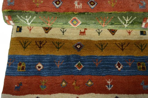 Full view of New Persian Gabbeh rug from Iran / Persia, 122 × 77 cm in Multi Color tones