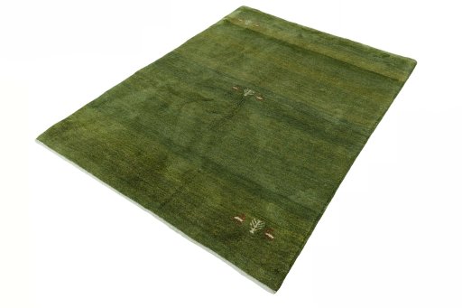Corner detail of New Persian Gabbeh rug showing border pattern and Wool pile