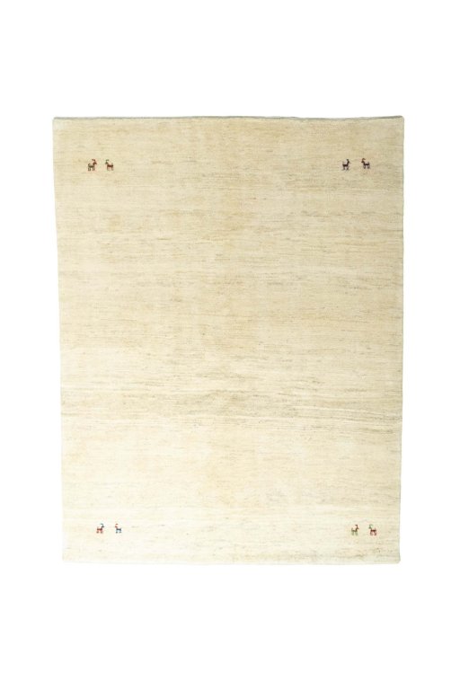 Full view of New Persian Gabbeh rug from Iran / Persia, 245 × 188 cm in Beige tones