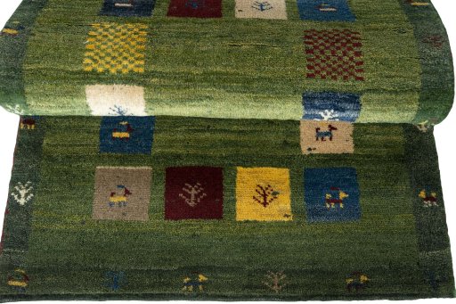 Full view of New Persian Gabbeh rug from Iran / Persia, 126 × 82 cm in Green tones