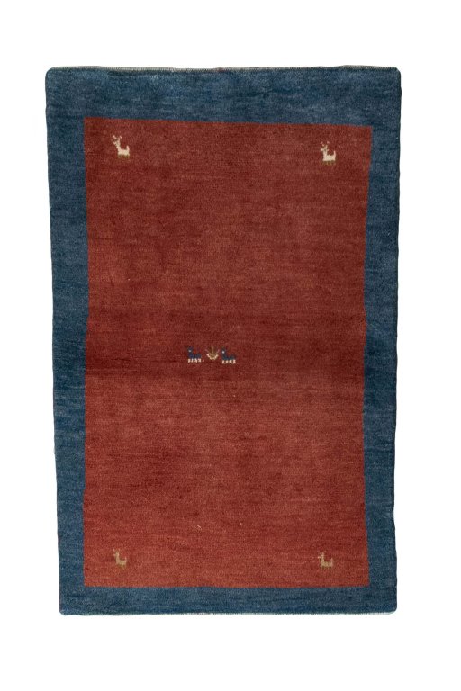 Full view of New Persian Gabbeh rug from Iran / Persia, 126 × 81 cm in Red tones