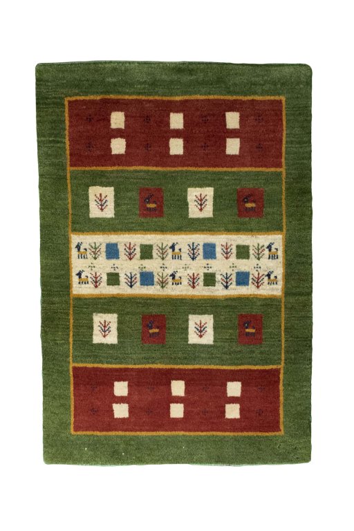 Full view of New Persian Gabbeh rug from Iran / Persia, 125 × 85 cm in Green tones