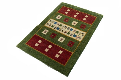 Corner detail of New Persian Gabbeh rug showing border pattern and Wool pile