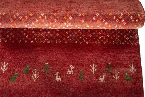 Full view of New Persian Gabbeh rug from Iran / Persia, 125 × 85 cm in Red tones