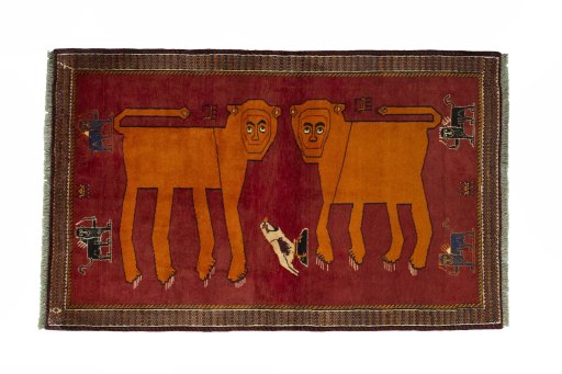 Full view of 2000s Persian Gabbeh rug from Iran / Persia, 200 × 125 cm in Red tones