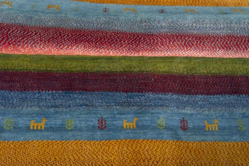 Full view of New Persian Gabbeh rug from Iran / Persia, 203 × 147 cm in Multi Color tones