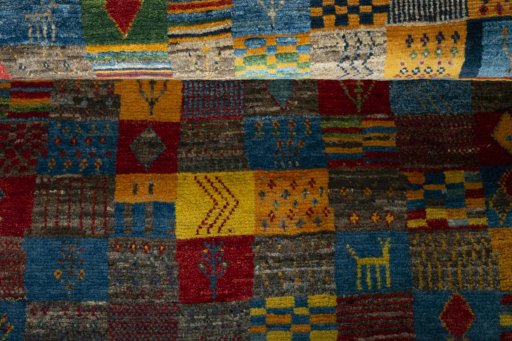 Full view of New Persian Gabbeh rug from Iran / Persia, 145 × 103 cm in Multi Color tones