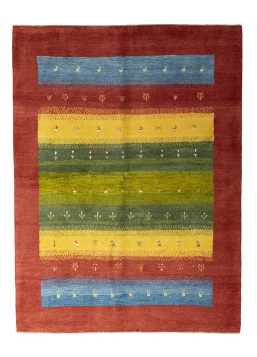 Full view of New Persian Gabbeh rug from Iran / Persia, 235 × 172 cm in Red tones