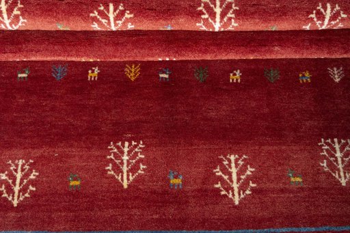 Full view of New Persian Gabbeh rug from Iran / Persia, 213 × 150 cm in Red tones
