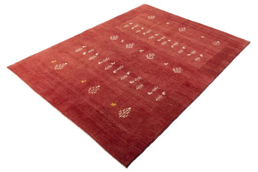Corner detail of New Persian Gabbeh rug showing border pattern and Wool pile