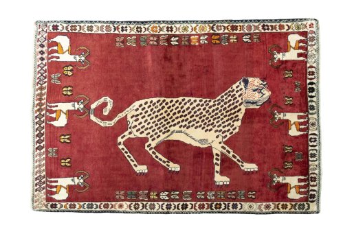 Full view of 2000s Persian Gabbeh rug from Iran / Persia, 190 × 130 cm in Red tones