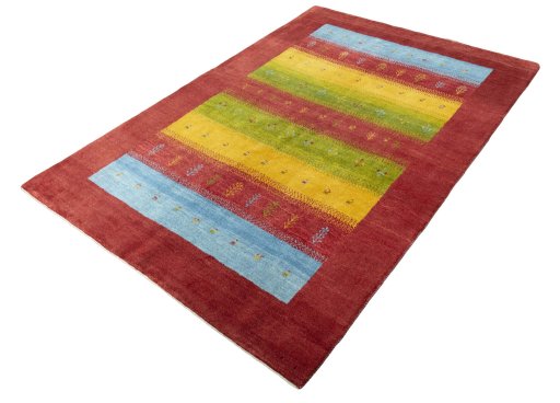 Corner detail of New Persian Gabbeh rug showing border pattern and Wool pile