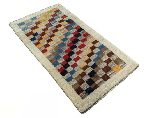 Close-up detail of 2000s Persian Gabbeh rug from Iran / Persia showing Wool weave