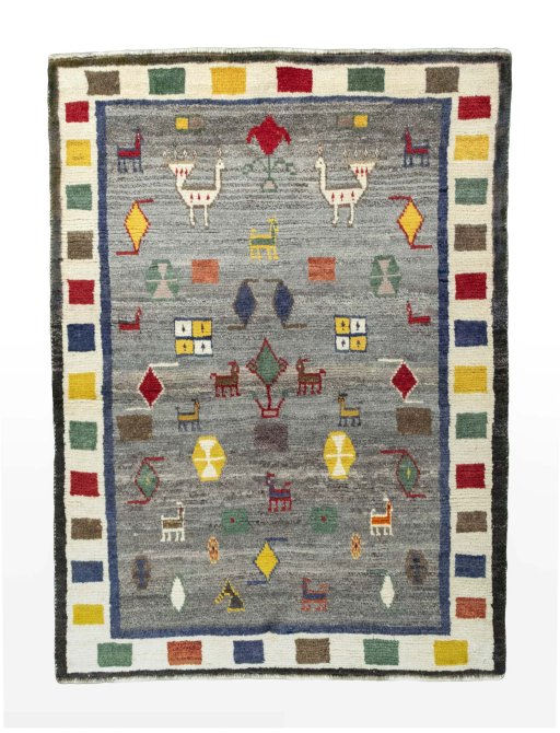 Full view of 2000s Persian Gabbeh rug from Iran / Persia, 173 × 130 cm in Gray tones