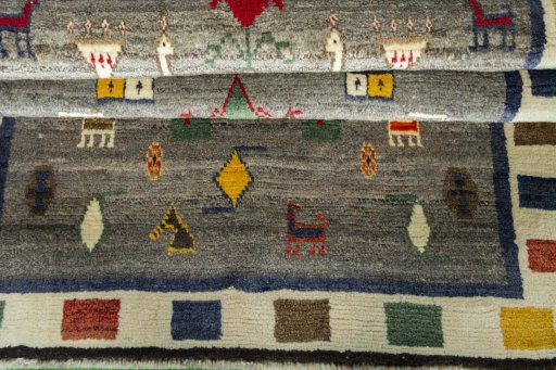 Full view of 2000s Persian Gabbeh rug from Iran / Persia, 173 × 130 cm in Gray tones