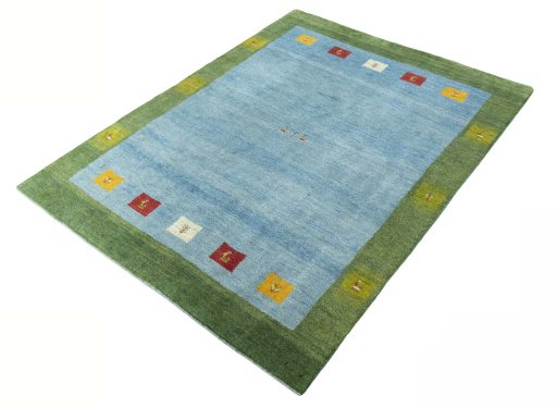Corner detail of New Persian Gabbeh rug showing border pattern and Wool pile