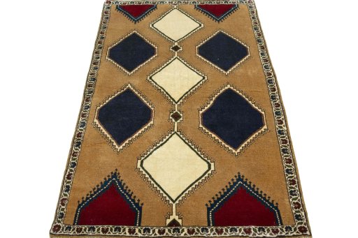 Surface texture of 2000s Persian Gabbeh rug with natural Wool and intricate pattern