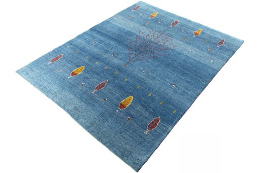 Corner detail of New Persian Gabbeh rug showing border pattern and Wool pile
