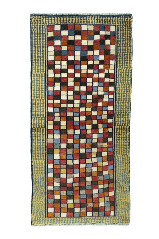 Full view of 2000s Persian Gabbeh rug from Iran / Persia, 170 × 83 cm in Multi Color tones