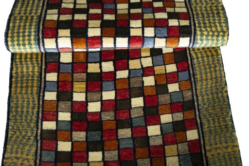 Full view of 2000s Persian Gabbeh rug from Iran / Persia, 170 × 83 cm in Multi Color tones