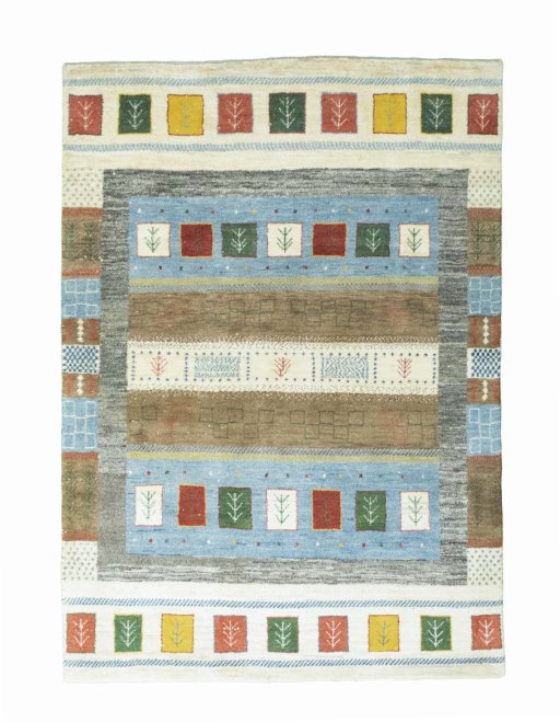 Full view of New Persian Gabbeh rug from Iran / Persia, 237 × 166 cm in Beige tones