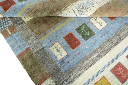 Full view of New Persian Gabbeh rug from Iran / Persia, 237 × 166 cm in Beige tones