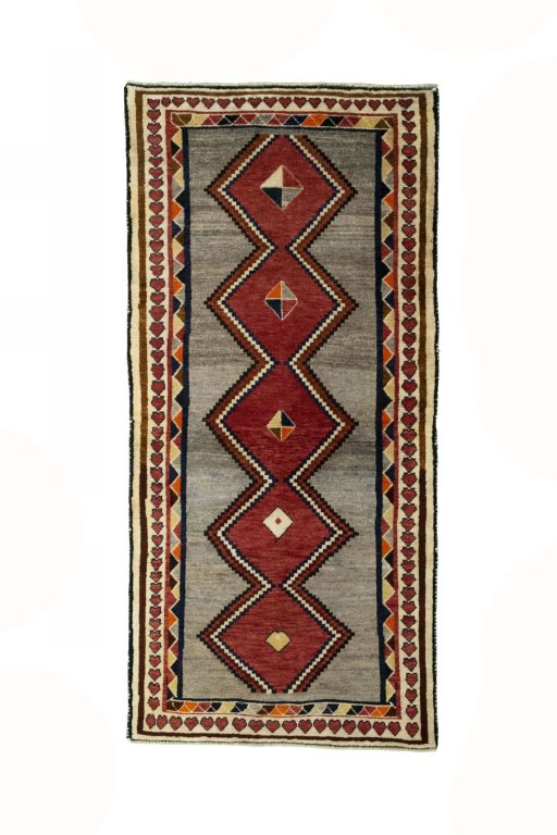 Full view of 2000s Persian Gabbeh rug from Iran / Persia, 195 × 94 cm in Gray tones