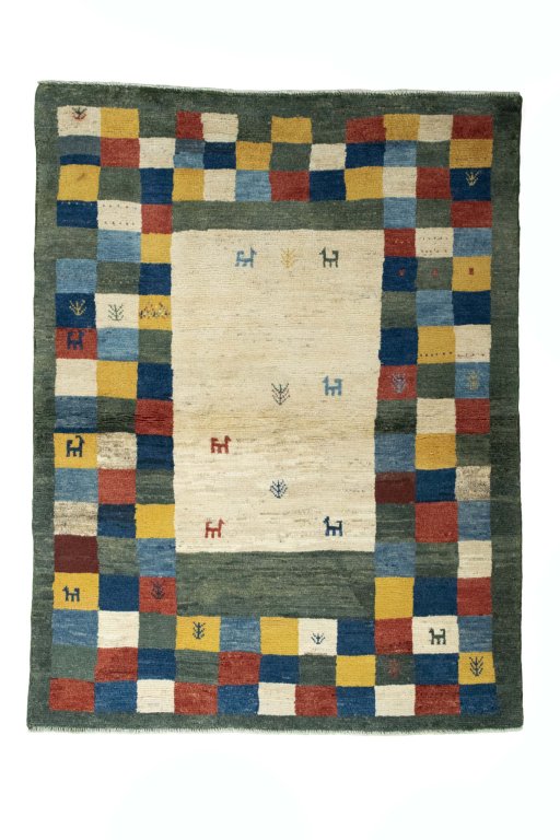 Full view of New Persian Gabbeh rug from Iran / Persia, 170 × 130 cm in Multi Color tones