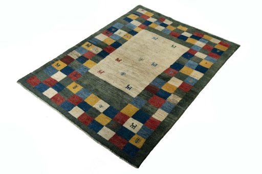 Corner detail of New Persian Gabbeh rug showing border pattern and Wool pile