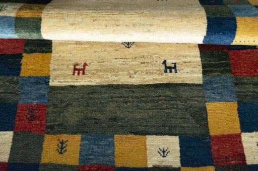 Full view of New Persian Gabbeh rug from Iran / Persia, 170 × 130 cm in Multi Color tones