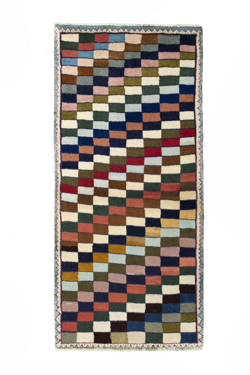 Full view of 2000s Persian Gabbeh rug from Iran / Persia, 187 × 87 cm in Multi Color tones