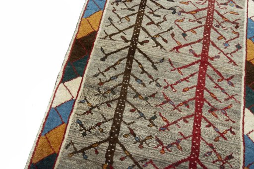 Backside of handmade 2000s Persian Gabbeh rug showing knot structure and weave density