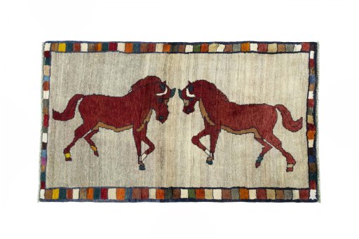 Full view of 2000s Persian Gabbeh rug from Iran / Persia, 152 × 90 cm in Beige tones