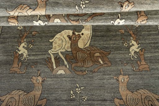 Full view of 2000s Persian Gabbeh rug from Iran / Persia, 213 × 149 cm in Gray tones