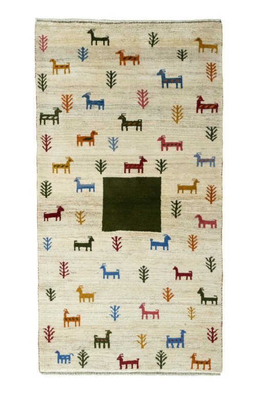 Full view of 2000s Persian Gabbeh rug from Iran / Persia, 200 × 105 cm in Beige tones