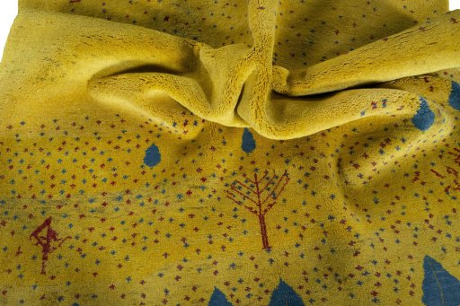 Corner detail of New Persian Gabbeh rug showing border pattern and Wool pile