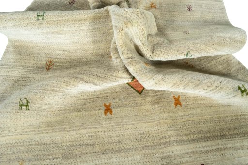 Corner detail of New Persian Gabbeh rug showing border pattern and Wool pile