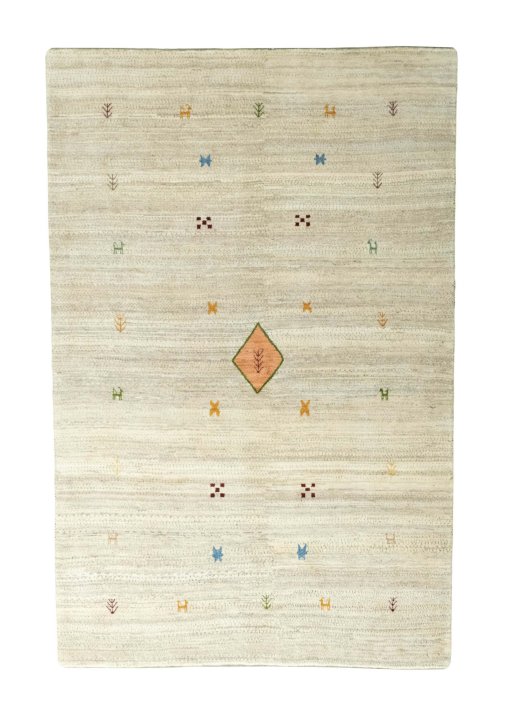 Full view of New Persian Gabbeh rug from Iran / Persia, 264 × 172 cm in Beige tones